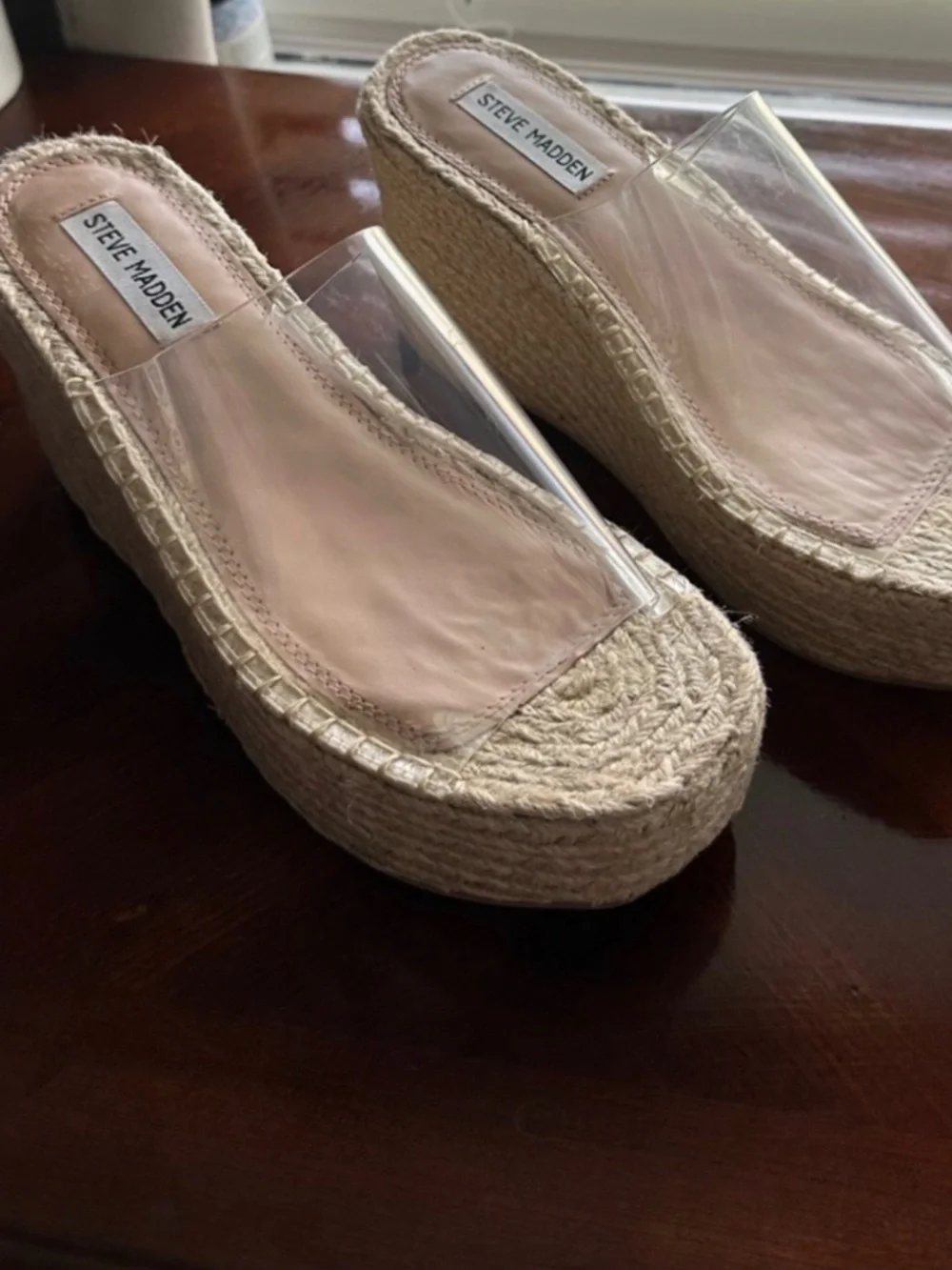 Steve Madden Clear Strap Espadrille Platform Wedge - Natural/Clear